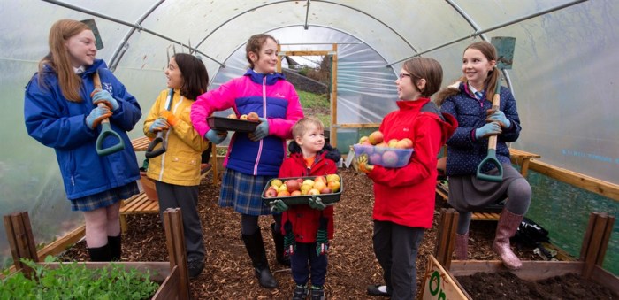 Children and young people displaying crops in polytunnel